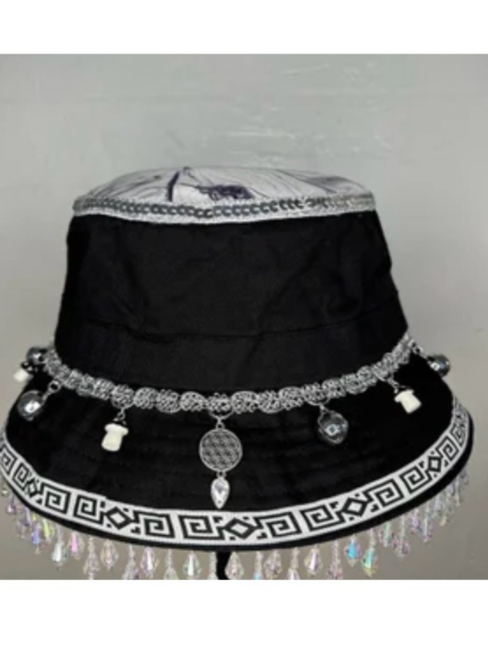 Black Beaded Charm Bucket Hat with Silver Trim